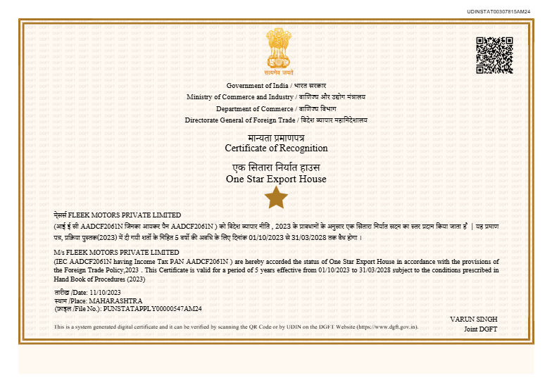 Government of India Certificate of Recognition: One Star Export House awarded to Fleek Motors Pvt Ltd, valid 01/10/2023 to 31/03/2028
