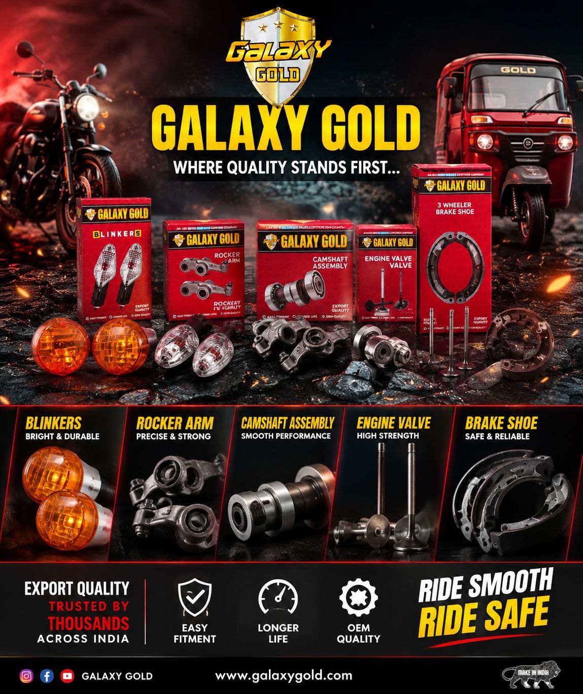 The Galaxy Gold product range for two and three wheelers